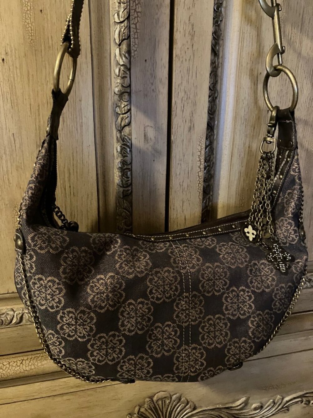 KATHY VAN ZEELAND SHIMMERY BROWN FLORAL DENIM SHOULDER BAG